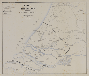29121 Kaart van de provincie Zuid-Holland met aanduiding van de plaatsen waar in 1865 rundertyfus is uitgebroken.